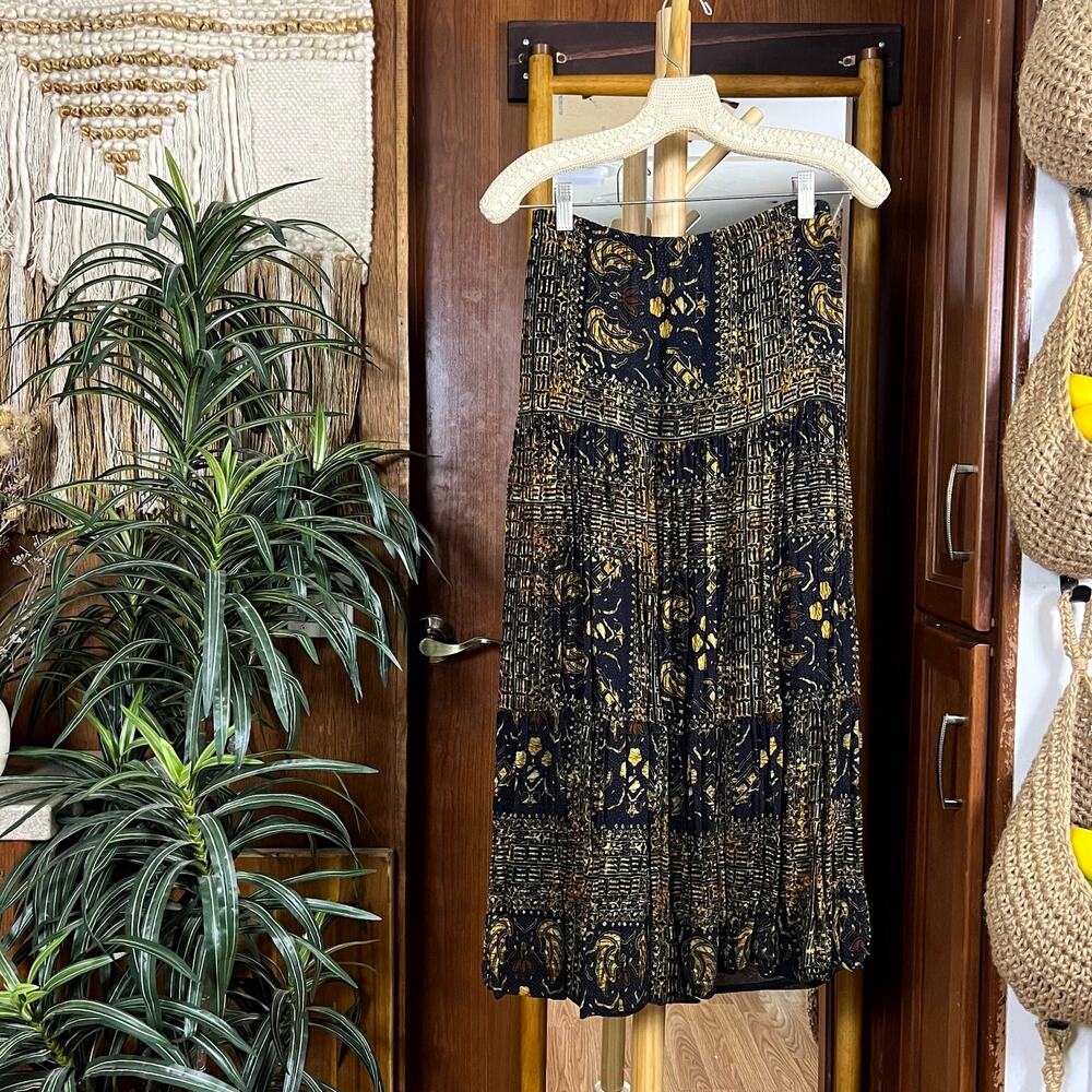 Vintage Blassport Bill Blass Rayon Midi Skirt 14 Abstract Batik Crinkle 90s Boho
